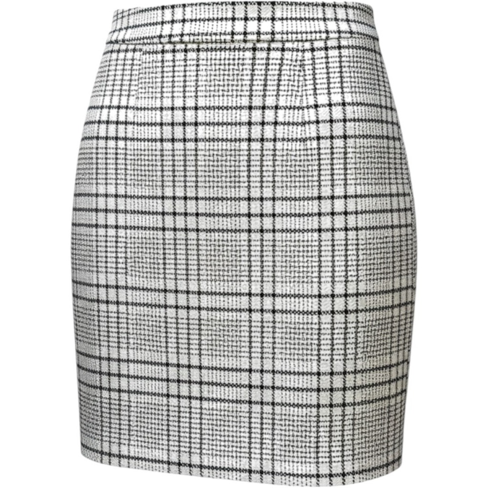 White House Black Market Plaid Tweed Mini Skirt Black White Faux Leather Trim 2